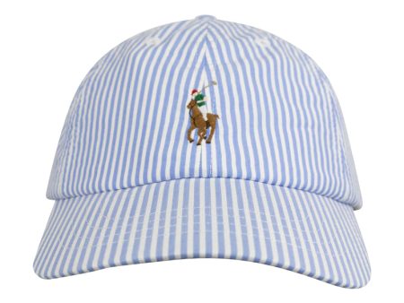 Ralph Lauren Polo Cotton Seersucker Cap Blue & White Striped on Sale